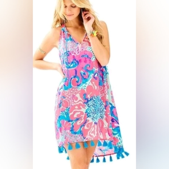 Lilly Pulitzer pink floral tassel swim dress cover... Or even a dress - Picture 2 of 4